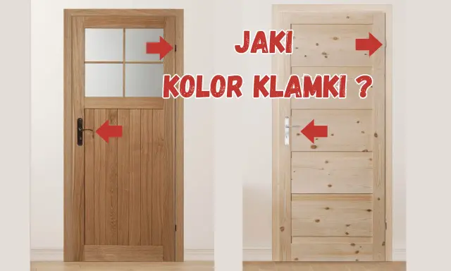 Dwie drewniane drzwi wewnętrzne: ciemniejsze z szybą i jaśniejsze z poziomymi deskami. Czerwone strzałki wskazują na pytanie: "Jaki kolor klamki?".