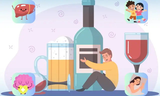 Smutny mężczyzna obok butelki alkoholu, piwa i kieliszka wina. Czy alkohol podnosi ciśnienie? Wizerunki wątroby, mózgu, śpiącej kobiety i dzieci.