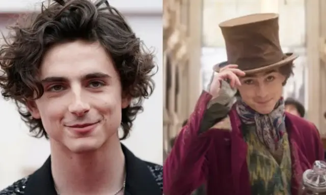 Timothée Chalamet jako Willy Wonka, w cylindrze i kolorowym szaliku, przygotowuje się do przygody.