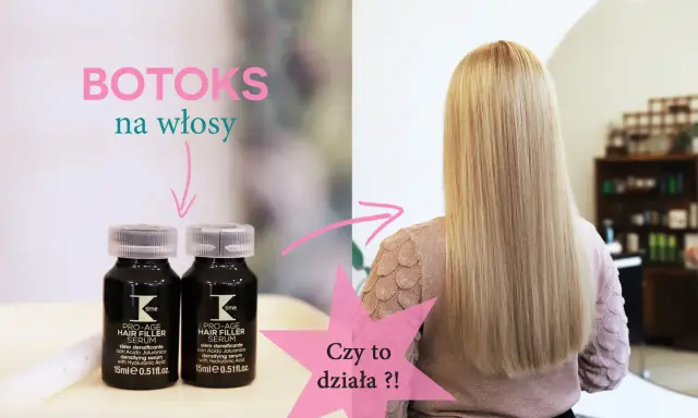 Dwie buteleczki serum do włosów i blond włosy z napisem "Czy to działa?!".