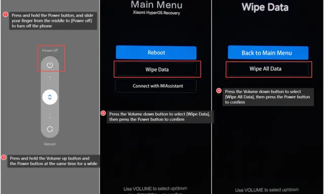 Instrukcja jak zresetować telefon Xiaomi: wyłącz, wejdź w recovery, wybierz "Wipe Data", a potem "Wipe All Data".