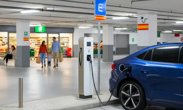 Familia comprando mientras su coche eléctrico se carga en puntos de recarga coches eléctricos en España gratis.