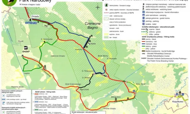 Mapa szlaków pieszych i edukacyjnych Biebrzańskiego Parku Narodowego. Atrakcje przyrodnicze i turystyczne.