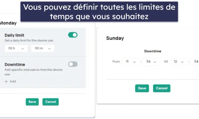 Interface de contrôle parental PC pour définir des limites d'utilisation quotidiennes et des plages horaires de temps d'arrêt.