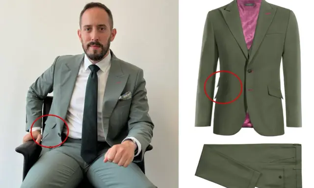 Man in a sage green suit with a ticket pocket, showing off the suit's details.