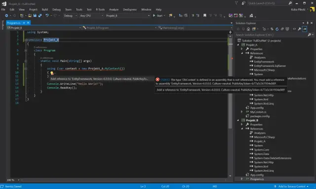 Błąd kompilacji CS0012 w C# podczas próby odczytu XML. Brak referencji do EntityFramework.
