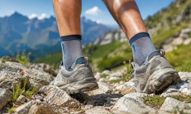 Nogi w butach trekkingowych na lato, pokonujące kamienisty szlak w górach. Idealne, by cieszyć się wędrówką.