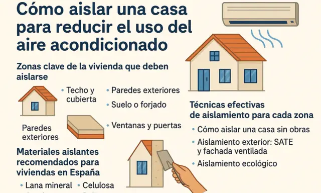 Guía para aislar tu casa y reducir el uso del aire acondicionado. Explica zonas clave, materiales y técnicas efectivas, incluyendo la permeabilidad al aire en clases de aislamiento.
