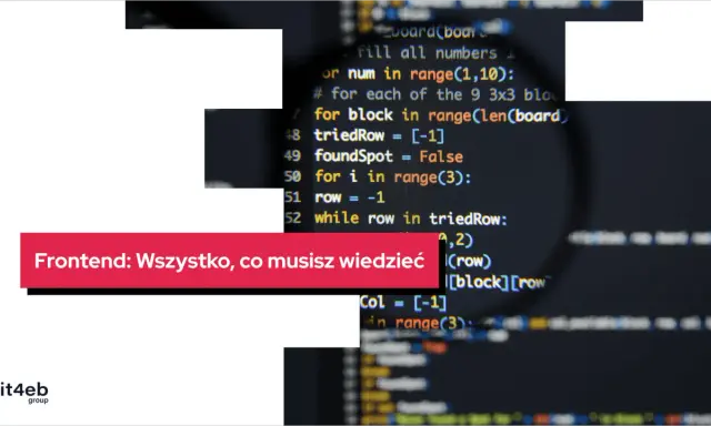 Kod źródłowy z powiększeniem, tekst "Frontend: Wszystko, co musisz wiedzieć" i logo it4eb.