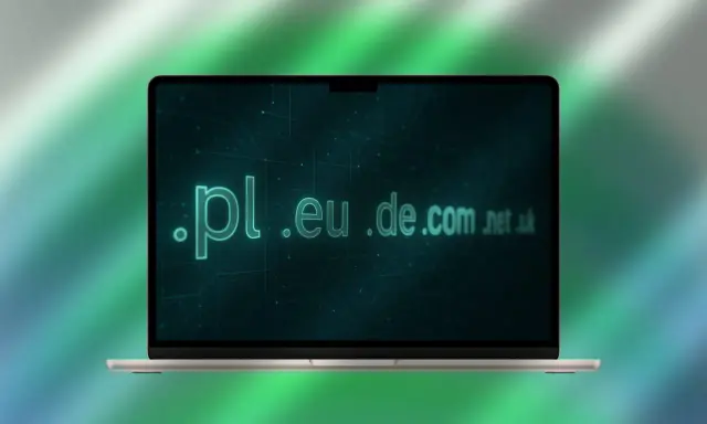 Laptop z wyświetlonymi domenami internetowymi: .pl, .eu, .de, .com, .net, .uk.