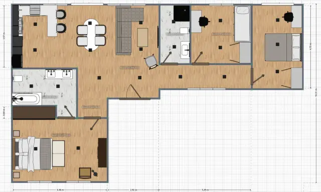 Plano de distribución de una casa con cocina, salón, baño, y tres habitaciones. Ideal para aprender como hacer un plano de mi casa.