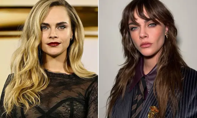 Cara Delevingne con cabello rubio y labios oscuros, y Cara Delevingne con cabello castaño y traje a rayas.
