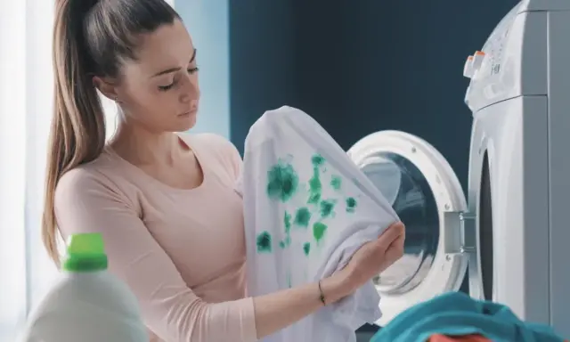 Mujer decepcionada revisa ropa blanca desteñida de azul, con manchas verdes, junto a una lavadora.