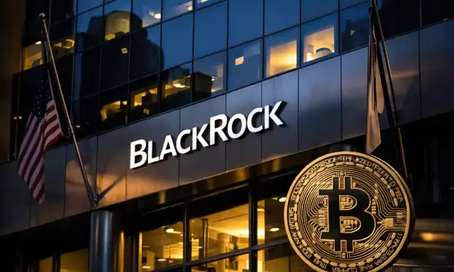 Budynek BlackRock z logo i monetą Bitcoin. Amerykańska flaga powiewa obok.