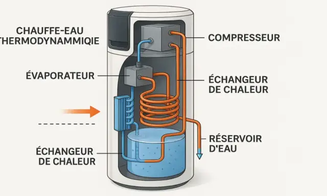 Schéma d'un chauffe-eau thermodynamique : évaporateur, compresseur, échangeur de chaleur et réservoir d'eau.