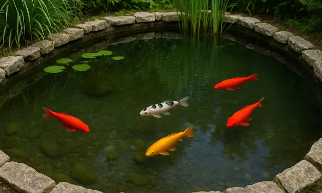 Cinq poissons de bassin, dont trois rouges vifs, un blanc et noir, et un doré, nagent dans un étang verdoyant bordé de pierres.