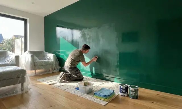 Hombre lijando pared verde brillante, preparándose para pintar sobre pintura satinada. Muebles cubiertos.