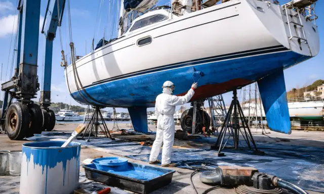 Peinture d'un bateau en cale sèche, un ouvrier en combinaison applique la peinture bleue. Le prix peinture bateau au m2 est calculé pour ce type de travail.