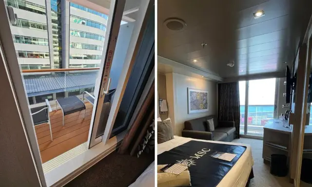 Interno di una crociera cabina con balcone. Vista sul balcone con tavolino e sedie, e la camera da letto con letto e divano.
