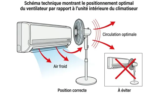 Schéma montrant comment positionner un ventilateur pour une circulation d'air optimale avec un climatiseur. Le mode fan du climatiseur est bien utilisé.