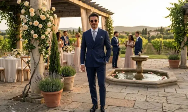 Sharp navy double-breasted suit, perfect for summer wedding suit ideas. Guests mingle by a fountain in a vineyard setting.