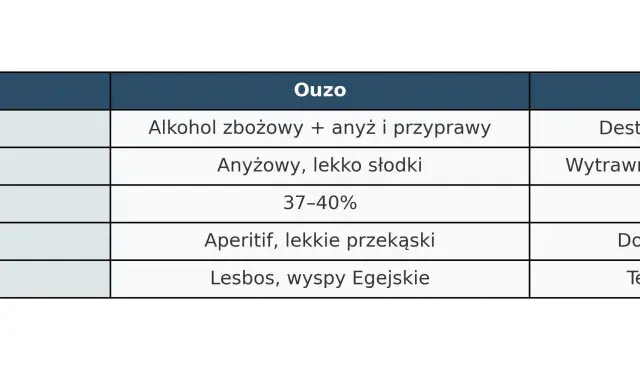 Tabela porównująca Ouzo i Tsipouro, dwa rodzaje greckiego alkoholu: skład, smak, moc i pochodzenie.