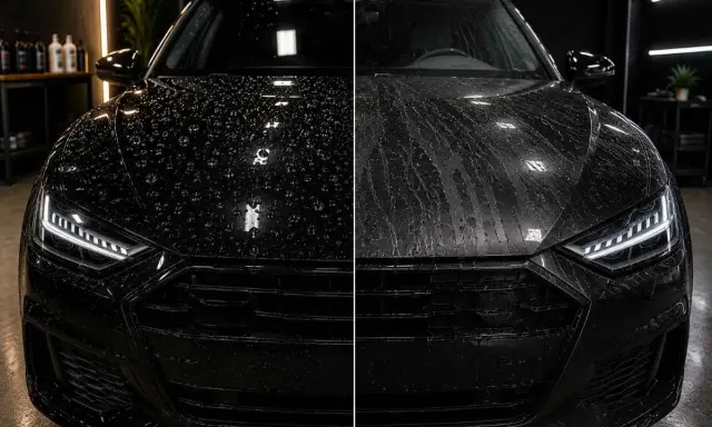 Porównanie: lewa strona maski czarnego Audi z perlistymi kroplami wody, prawa strona z wodą spływającą smugami. Efekt ochrony lakieru samochodowego.