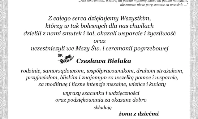 Wyrazy wdzięczności i podziękowania za udział w pogrzebie Czesława Bielaka.