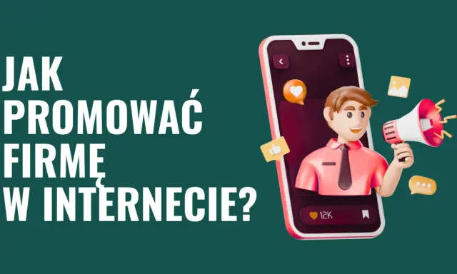 Grafika przedstawia postać z megafonem, symbolizującą skuteczne **marketing dla firm** w internecie.
