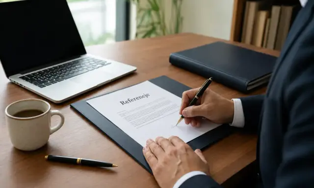 Biznesmen podpisuje referencje dla pracownika. Na biurku laptop, kubek kawy i długopis.