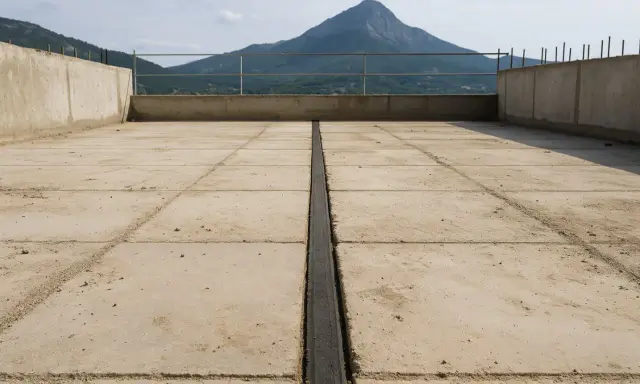 Una junta de dilatación divide el suelo de baldosas de hormigón en una terraza con vistas a una montaña.