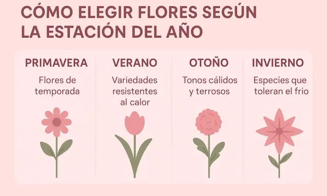 Guía para elegir tipos de flores según la estación: primavera (flores de temporada), verano (resistentes al calor), otoño (tonos cálidos) e invierno (toleran el frío).