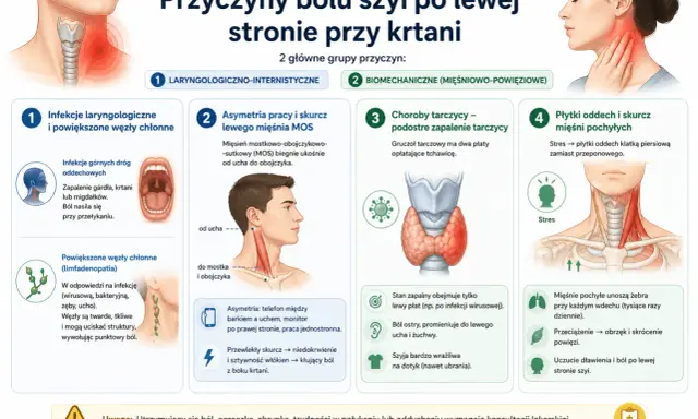 Ból tarczycy, stres i infekcje mogą powodować ból szyi. Obraz przedstawia przyczyny bólu szyi po lewej stronie przy krtani.