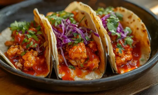 Tres tacos de pollo con salsa roja, repollo morado y cilantro fresco, servidos en un plato oscuro.
