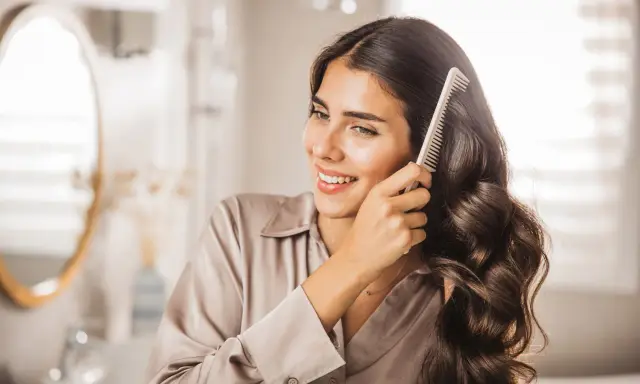 Donna sorridente si pettina i capelli scuri e ondulati, che appaiono lucidi come dal parrucchiere.