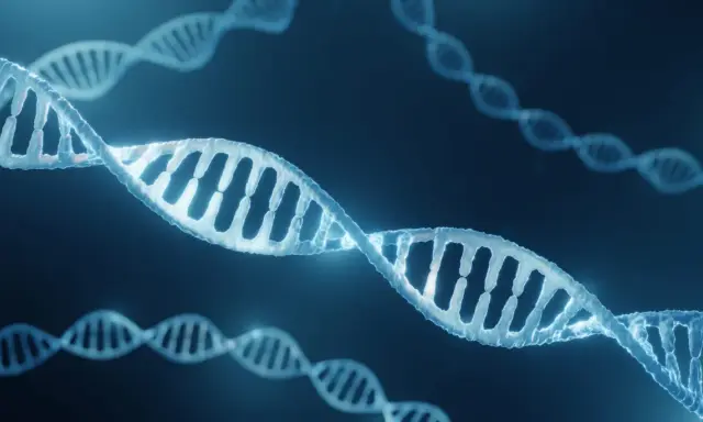 Estructuras de ADN brillantes flotan en la oscuridad, evocando el descubrimiento del ADN y la complejidad de la vida.