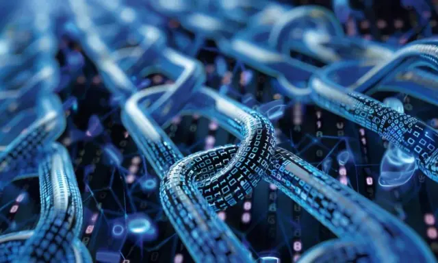 Połączone ogniwa cyfrowego łańcucha, symbolizujące technologię sui blockchain, wypełnione danymi binarnymi.