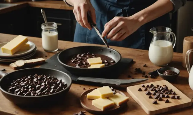 Préparation pour comment faire du chocolat au lait avec du chocolat noir : chocolat noir haché, lait, et des morceaux de beurre dans une poêle.