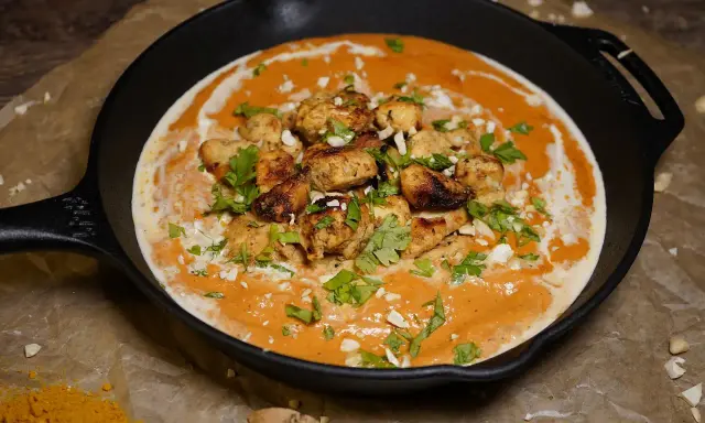 Ein authentisches Butter Chicken Rezept original in einer Gusseisenpfanne, garniert mit Koriander und gehackten Mandeln.