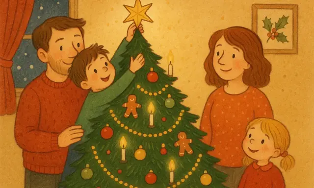 Familjen pyntar julgranen med kulor, pepparkakor och ljus. En fin stund med fakta om jul.