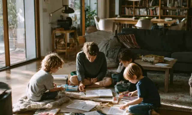 Padre enseña a sus hijos, incluyendo uno de 5 años, a leer y dibujar en el suelo.