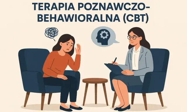 Kobieta w fotelu przeżywa trudne emocje, a terapeuta prowadzi terapię poznawczo-behawioralną, wspierając ją w procesie zmian.