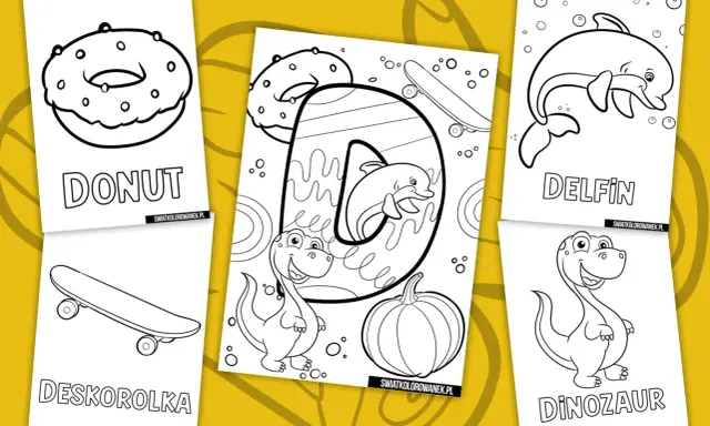 Kolorowanki z literką D: donut, deskorolka, delfin, dinozaur i dynia. Idealne do druku dla dzieci.