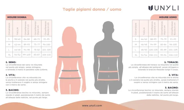Tabella taglie pigiami: la taglia 48 da donna corrisponde a una circonferenza vita 78-82 cm e bacino 101-105 cm.