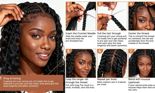 Guía paso a paso para tejer trenzas de crochet, mostrando cómo insertar la aguja, pasar el cabello y asegurar el nudo.