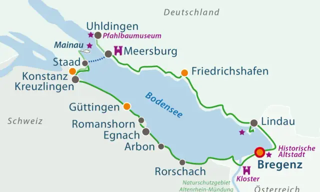 Karte des Bodensees mit Radfernwegen Deutschland. Routen verbinden Orte wie Konstanz, Lindau und Bregenz.
