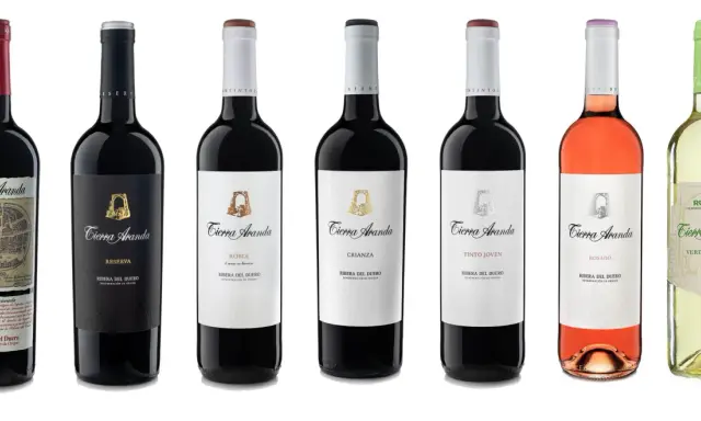 Variedad de **mejores vinos de Aranda de Duero** de la marca Tierra Aranda: Reserva, Roble, Crianza, Tinto Joven, Rosado y Verdejo.