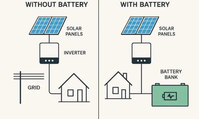Jämförelse av solceller med eller utan batteri. Till vänster: solpaneler kopplade till växelriktare och elnätet. Till höger: solpaneler, växelriktare, batteribank och hus.