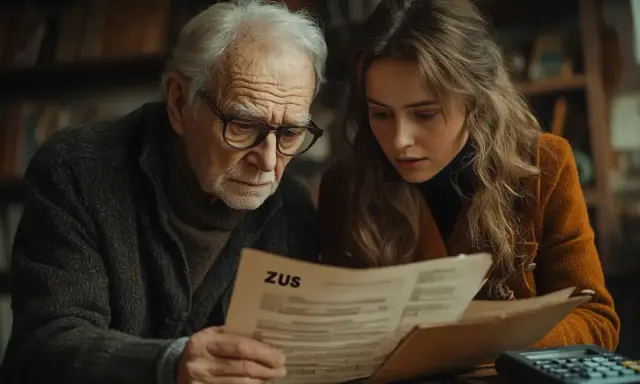 Starszy mężczyzna i młoda kobieta analizują dokument ZUS, zastanawiając się, czy umowa zlecenie wlicza się do emerytury.