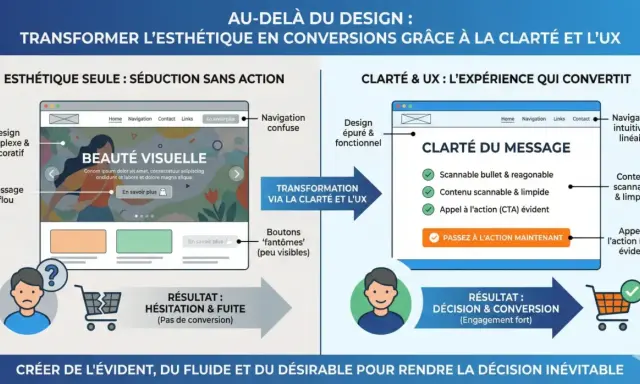 Comparaison de la structure d'une page web : esthétique seule vs clarté et UX pour la conversion.